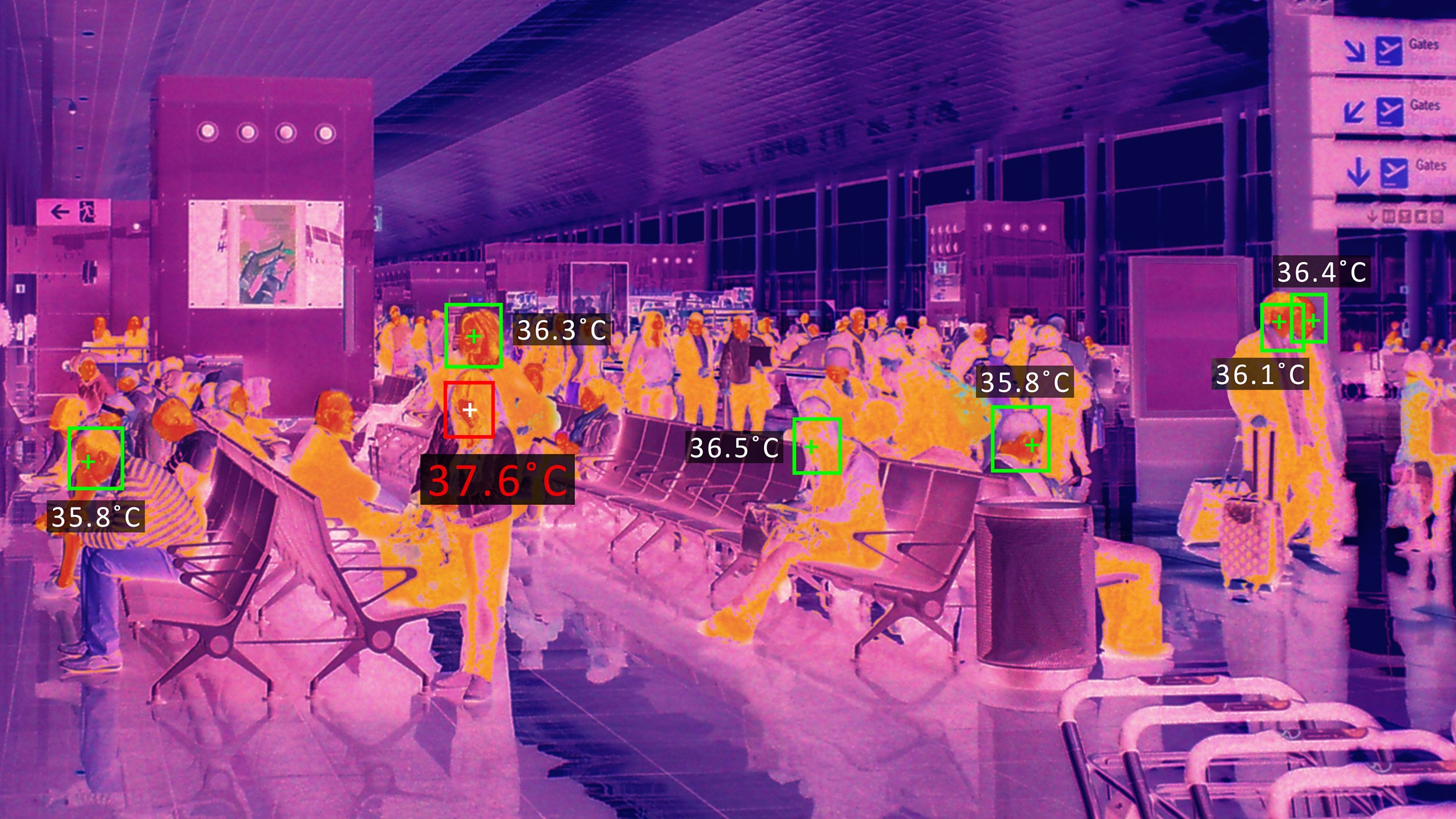 Overhead automated infrared thermal camera scanning airport travelers as they walk through a terminal corridor